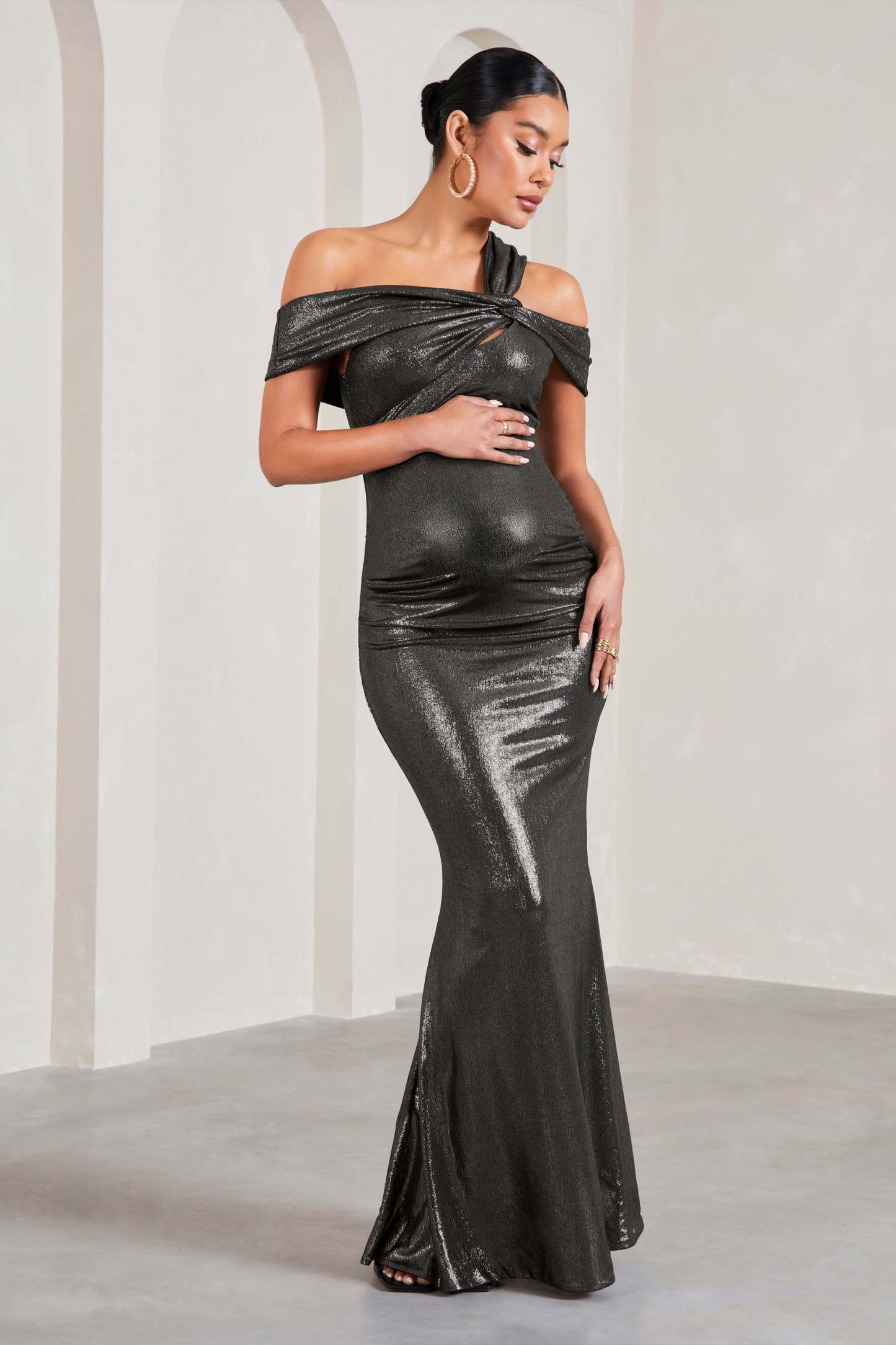 Captivating Silver Metallic Strappy Asymmetric Cut-Out Maternity Maxi Dress-Babyboo Dress Store. All Rights Reserved.