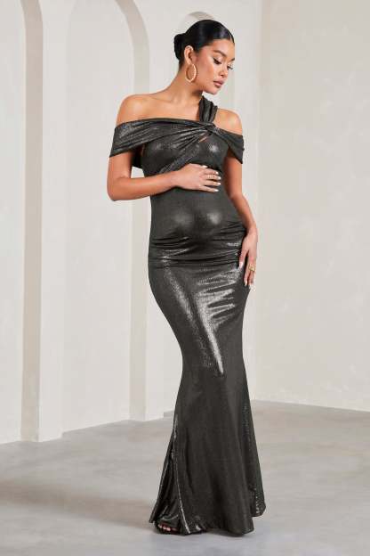 Captivating Silver Metallic Strappy Asymmetric Cut-Out Maternity Maxi Dress-Babyboo Dress Store. All Rights Reserved.