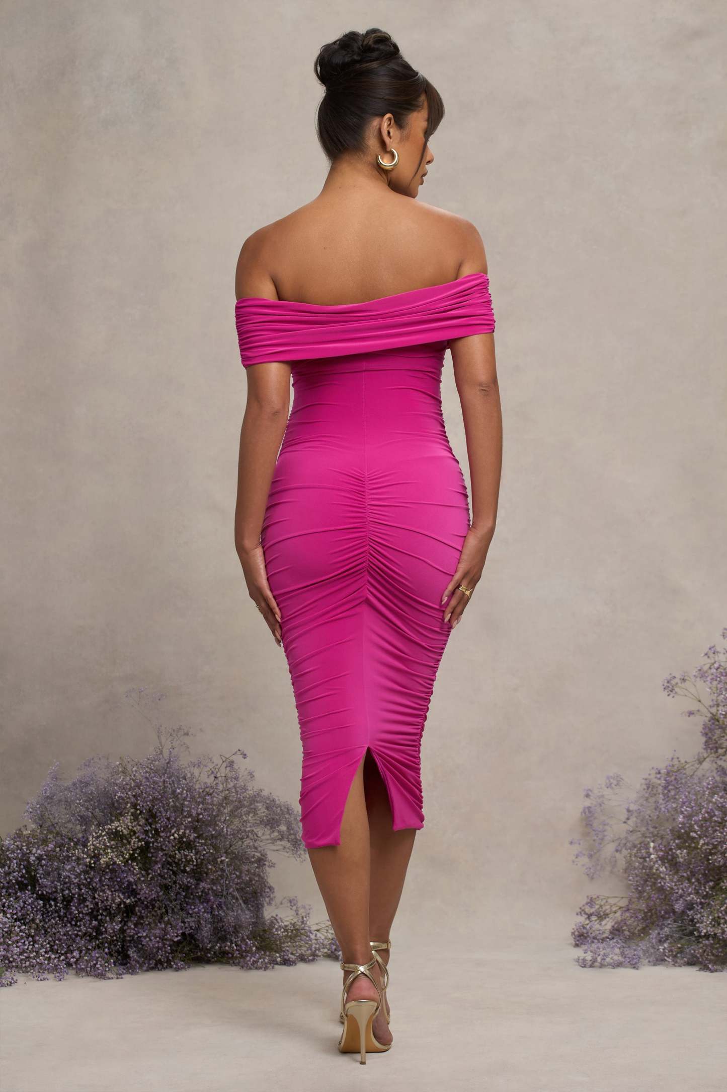 Dark Pink Ruched Twist Bardot Maternity Midi Dress