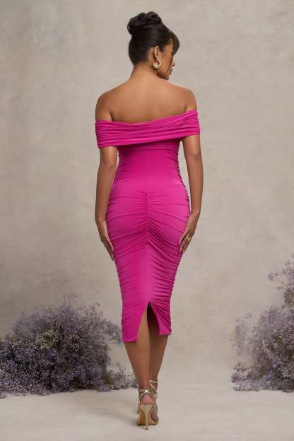Dark Pink Ruched Twist Bardot Maternity Midi Dress