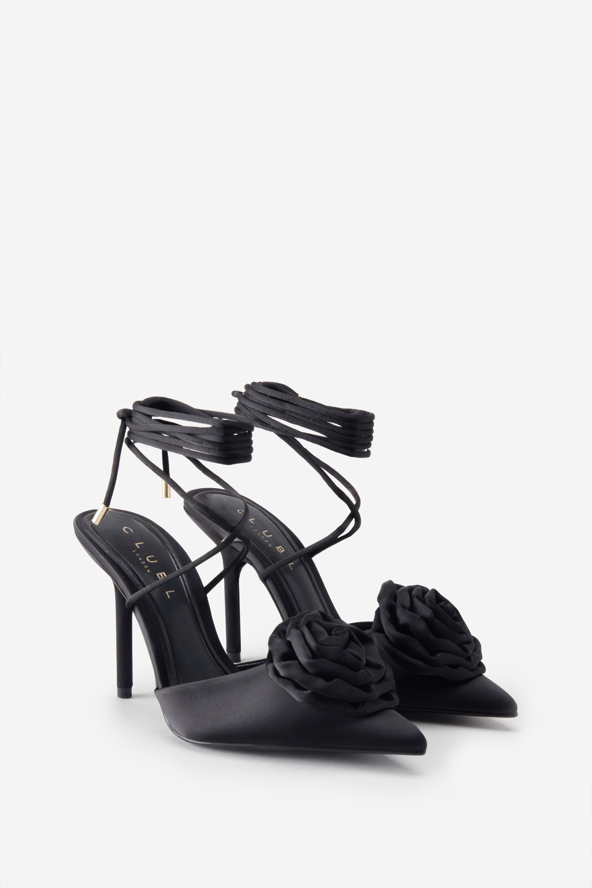 Clearly Black Satin Lace-Up Stiletto Heels With Flowers-Babyboo Dress Store. All Rights Reserved.