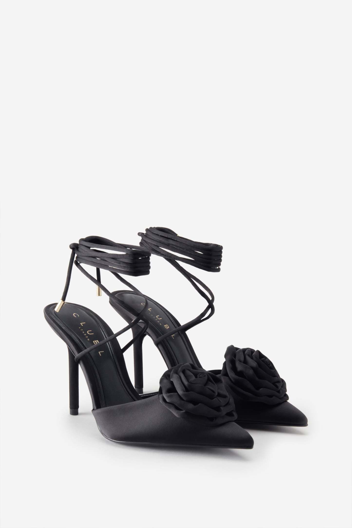 Clearly Black Satin Lace-Up Stiletto Heels With Flowers-Babyboo Dress Store. All Rights Reserved.