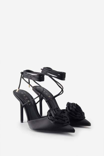 Clearly Black Satin Lace-Up Stiletto Heels With Flowers-Babyboo Dress Store. All Rights Reserved.