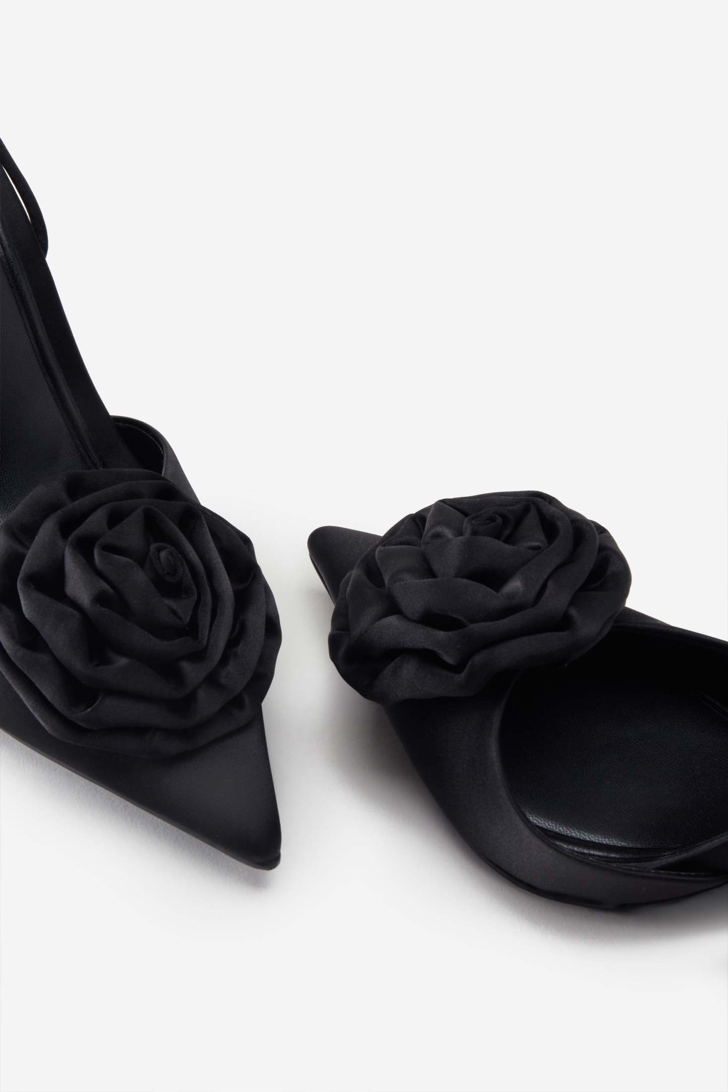 Clearly Black Satin Lace-Up Stiletto Heels With Flowers-Babyboo Dress Store. All Rights Reserved.