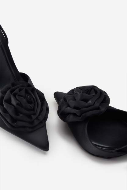 Clearly Black Satin Lace-Up Stiletto Heels With Flowers-Babyboo Dress Store. All Rights Reserved.