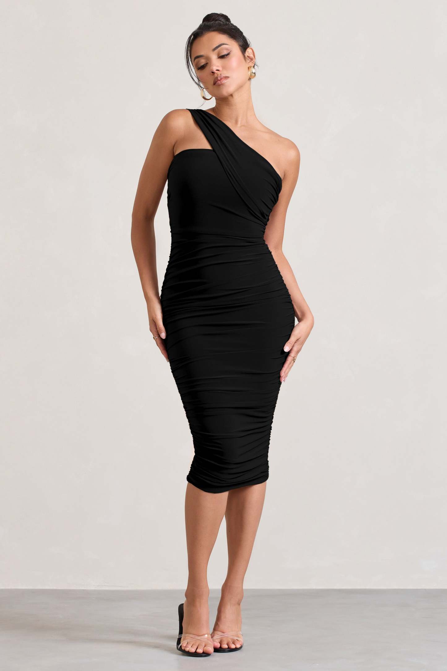 Contour Black One Shoulder Bodycon Midi Dress-Babyboo Dress Store. All Rights Reserved.