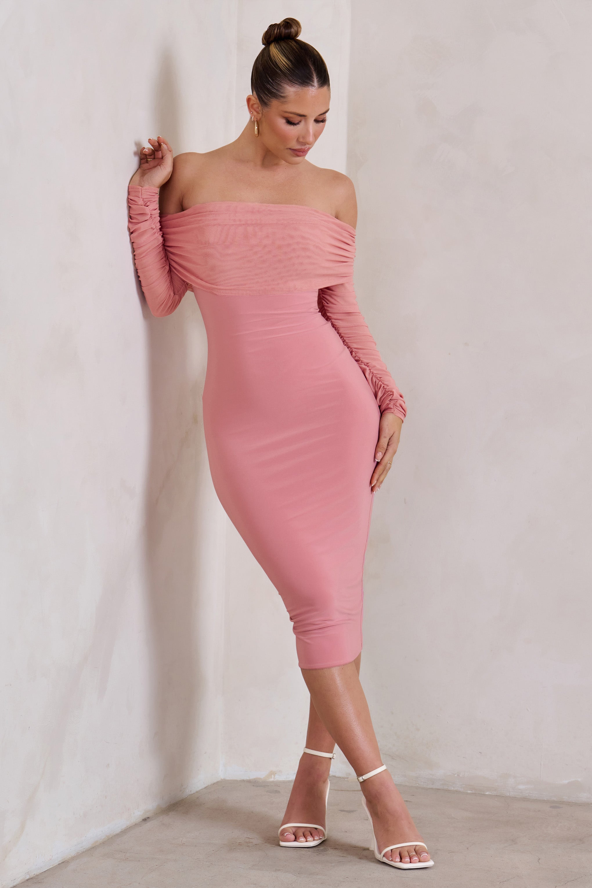 Only You Powder Pink Ruched Mesh Bardot Midi Dress-Babyboo Dress Store. All Rights Reserved.