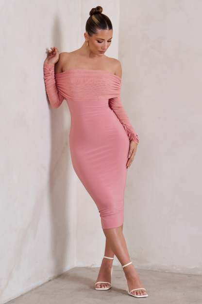 Only You Powder Pink Ruched Mesh Bardot Midi Dress-Babyboo Dress Store. All Rights Reserved.