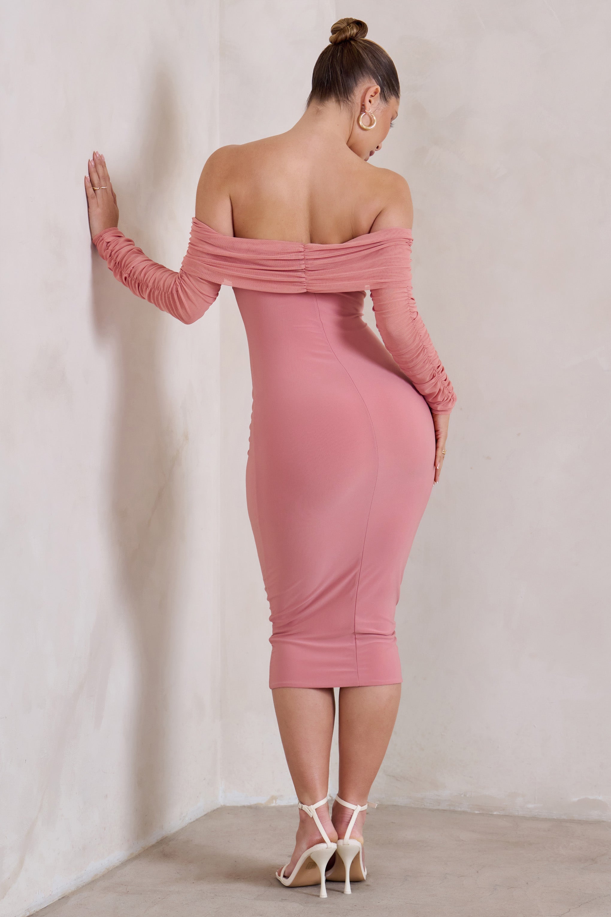 Only You Powder Pink Ruched Mesh Bardot Midi Dress-Babyboo Dress Store. All Rights Reserved.