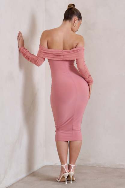Only You Powder Pink Ruched Mesh Bardot Midi Dress-Babyboo Dress Store. All Rights Reserved.