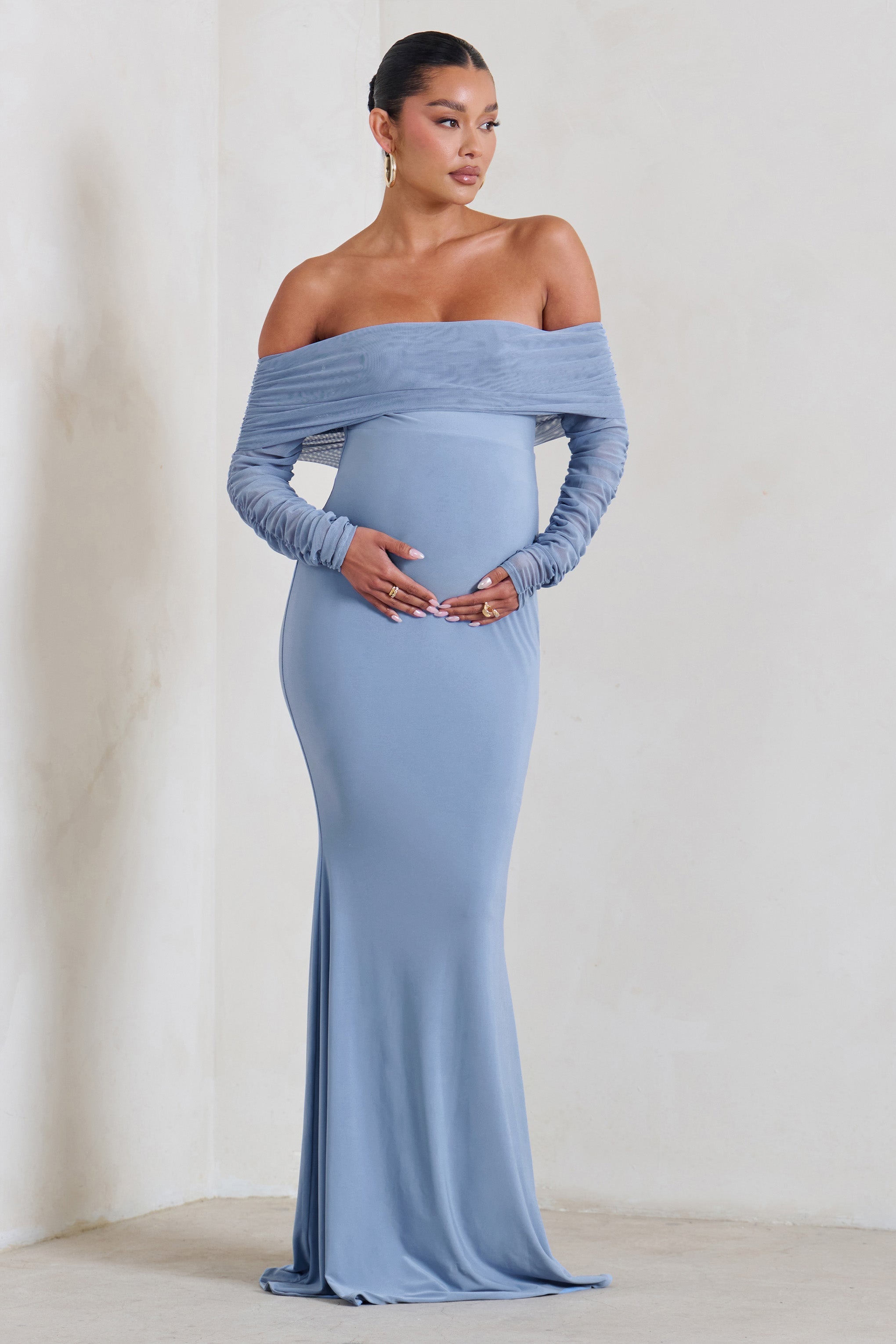 Pretty Perfect Powder Blue Maternity Ruched Mesh Bardot Maxi Dress