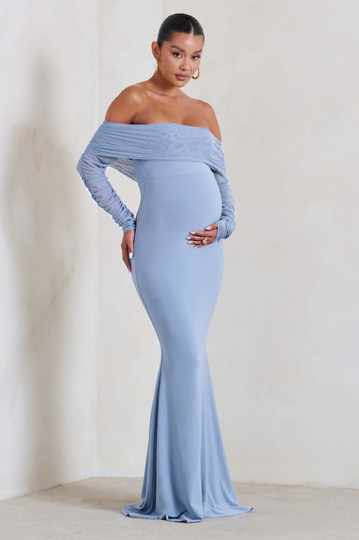 Pretty Perfect Powder Blue Maternity Ruched Mesh Bardot Maxi Dress