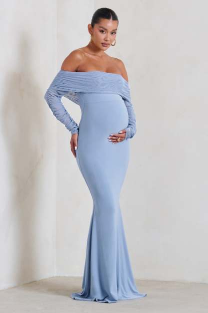 Pretty Perfect Powder Blue Maternity Ruched Mesh Bardot Maxi Dress
