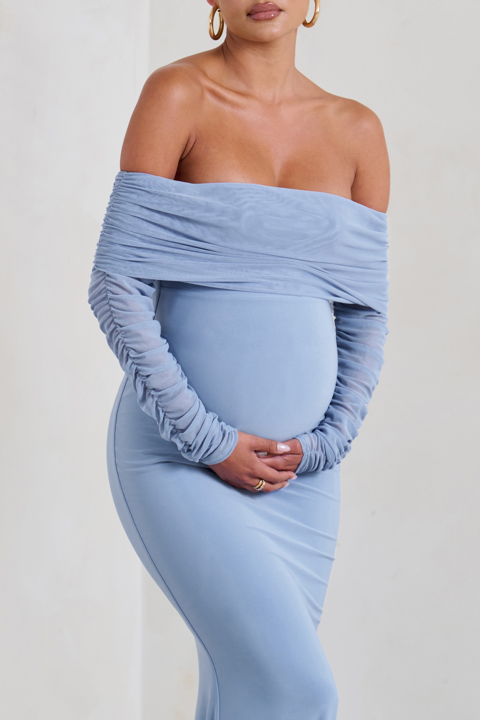 Pretty Perfect Powder Blue Maternity Ruched Mesh Bardot Maxi Dress