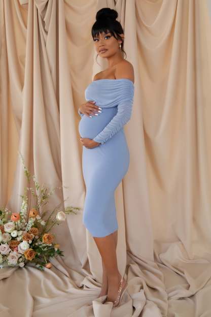 Patiently Waiting Powder Blue Maternity Ruched Mesh Bardot Midi Dress-Babyboo Dress Store. All Rights Reserved.
