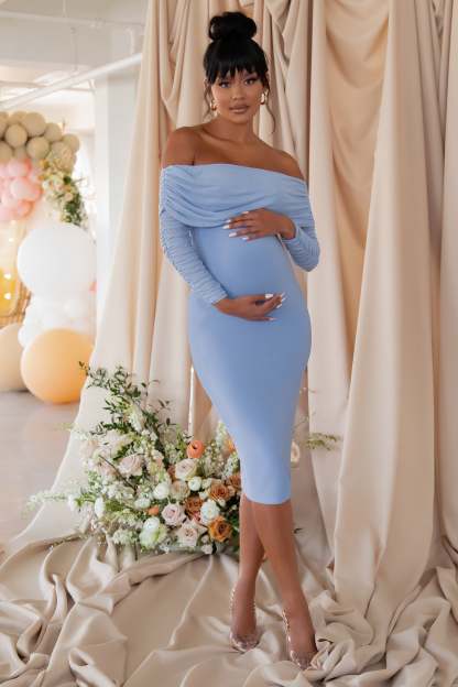Patiently Waiting Powder Blue Maternity Ruched Mesh Bardot Midi Dress-Babyboo Dress Store. All Rights Reserved.