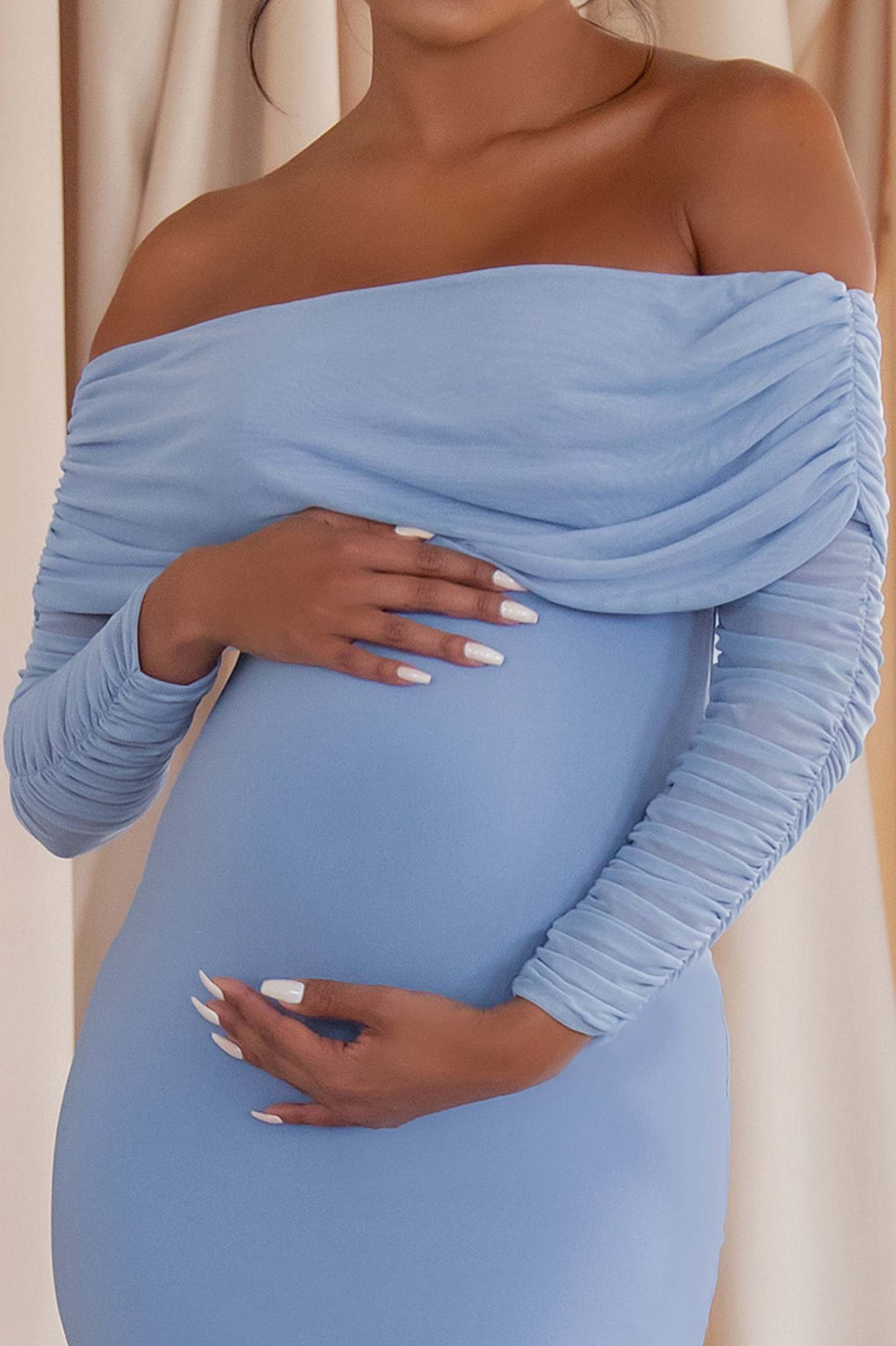 Patiently Waiting Powder Blue Maternity Ruched Mesh Bardot Midi Dress-Babyboo Dress Store. All Rights Reserved.