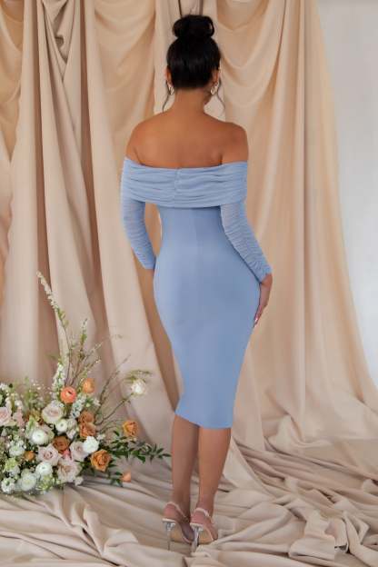 Patiently Waiting Powder Blue Maternity Ruched Mesh Bardot Midi Dress-Babyboo Dress Store. All Rights Reserved.