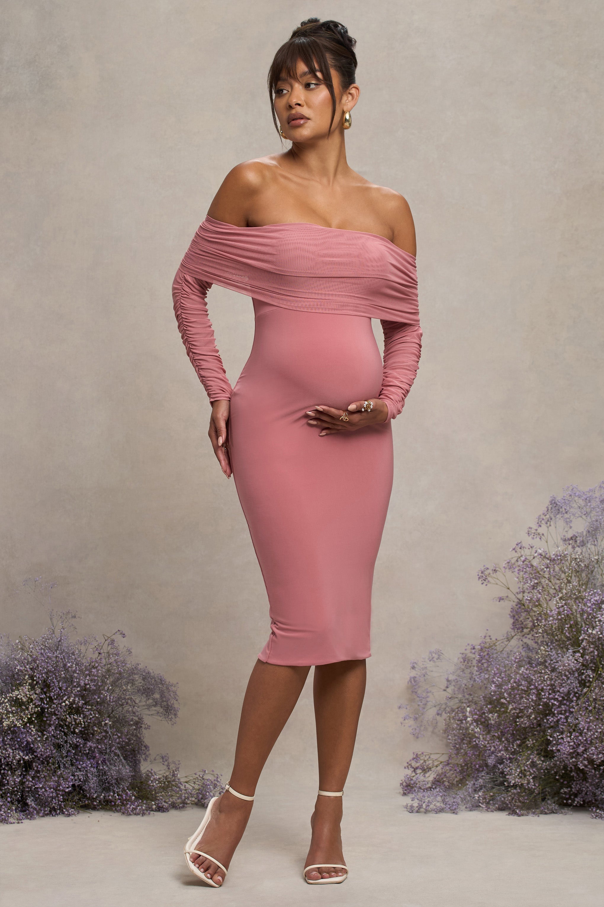 Blush Pink Maternity Ruched Mesh Bardot Midi Dress