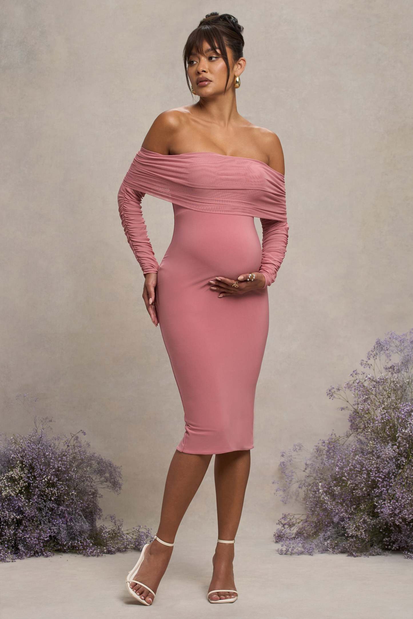 Blush Pink Maternity Ruched Mesh Bardot Midi Dress