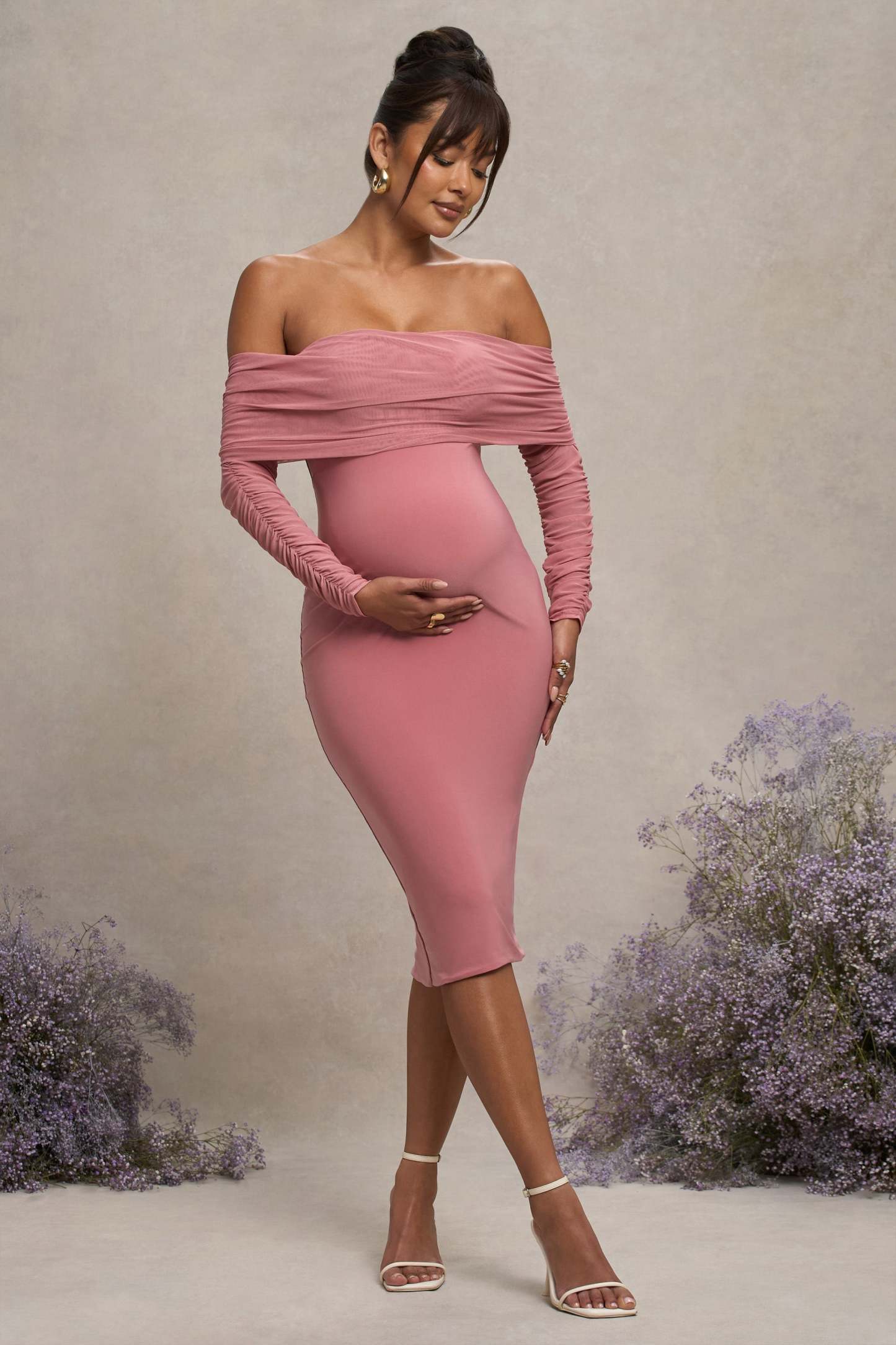 Blush Pink Maternity Ruched Mesh Bardot Midi Dress