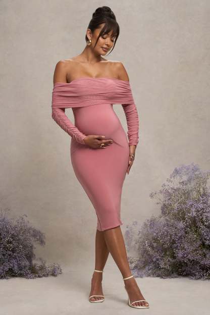 Blush Pink Maternity Ruched Mesh Bardot Midi Dress