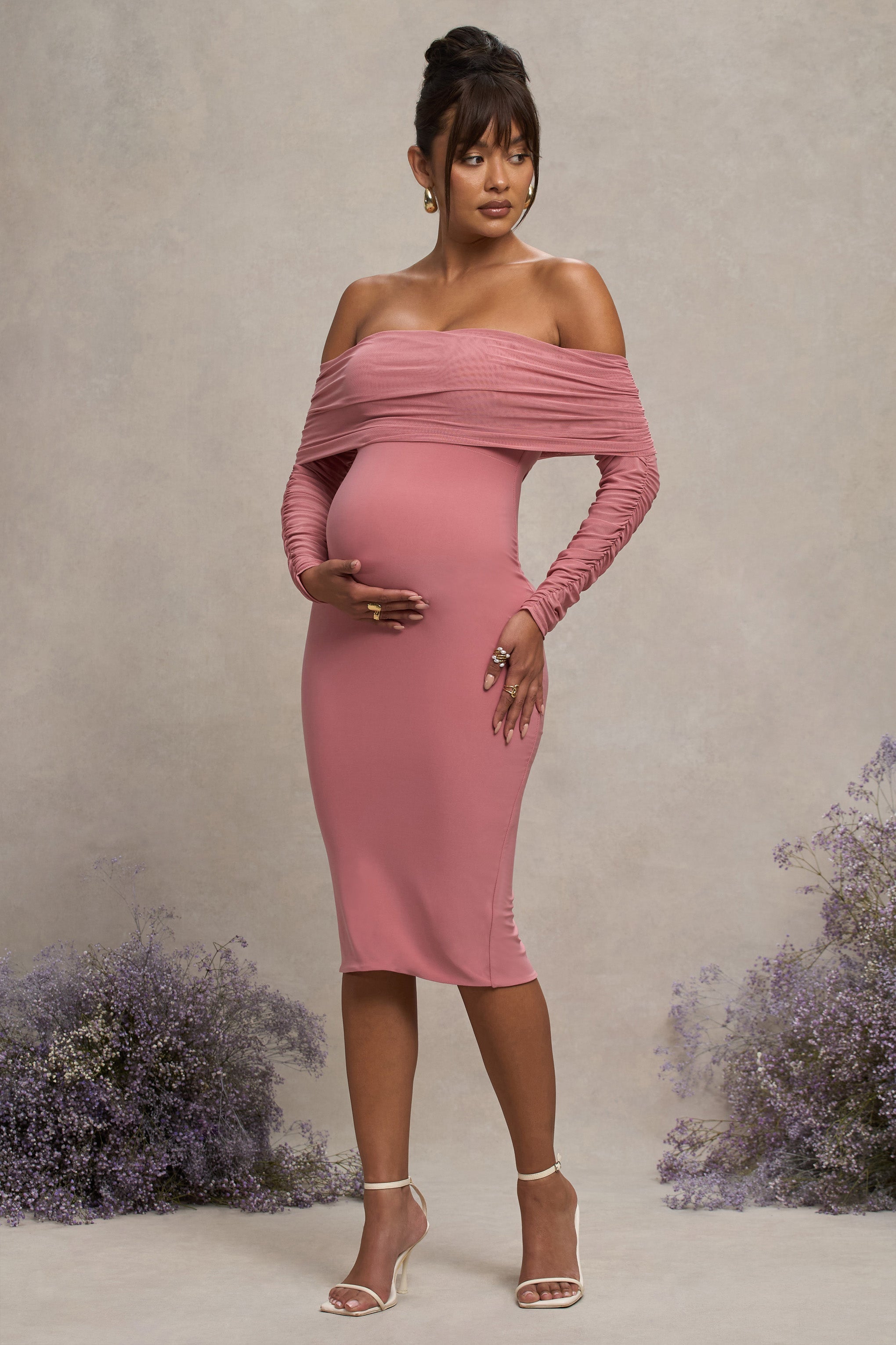 Blush Pink Maternity Ruched Mesh Bardot Midi Dress