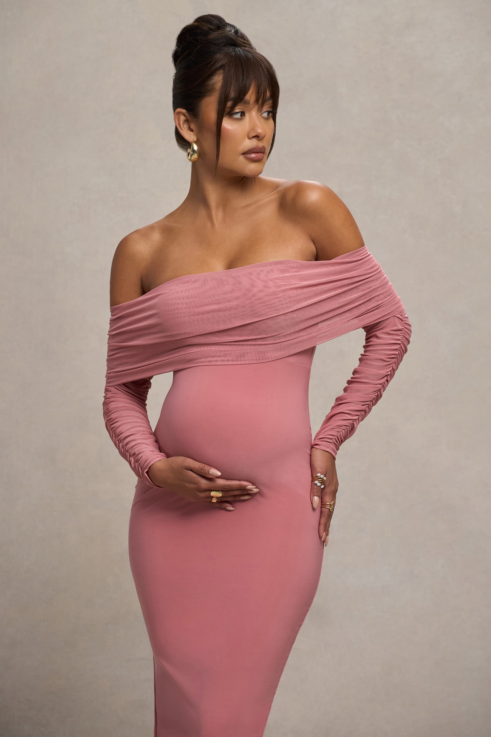 Blush Pink Maternity Ruched Mesh Bardot Midi Dress