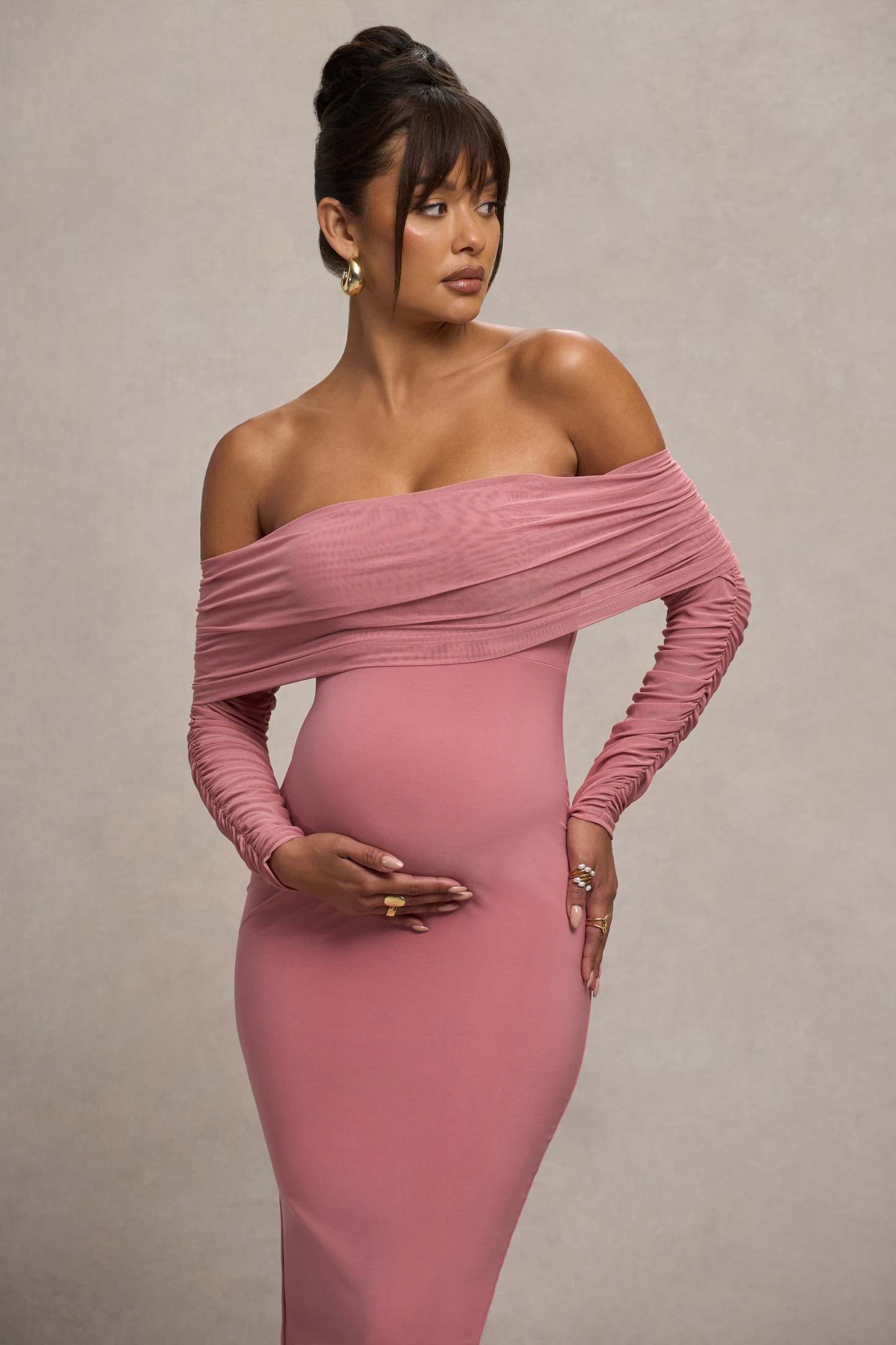 Blush Pink Maternity Ruched Mesh Bardot Midi Dress