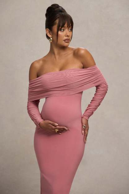 Blush Pink Maternity Ruched Mesh Bardot Midi Dress