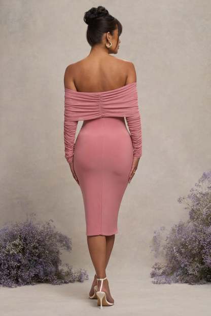 Blush Pink Maternity Ruched Mesh Bardot Midi Dress
