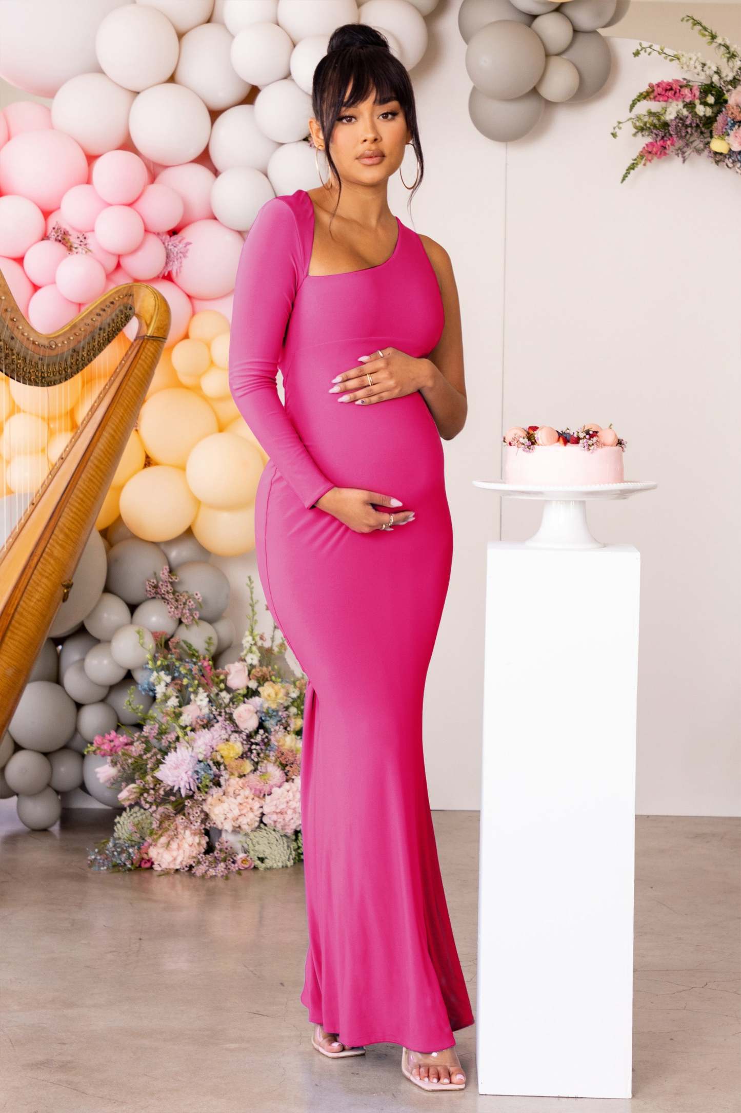 Oh Baby Hot Pink Maternity One Shoulder Bodycon Maxi Dress-Babyboo Dress Store. All Rights Reserved.