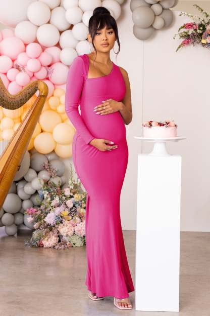 Oh Baby Hot Pink Maternity One Shoulder Bodycon Maxi Dress-Babyboo Dress Store. All Rights Reserved.
