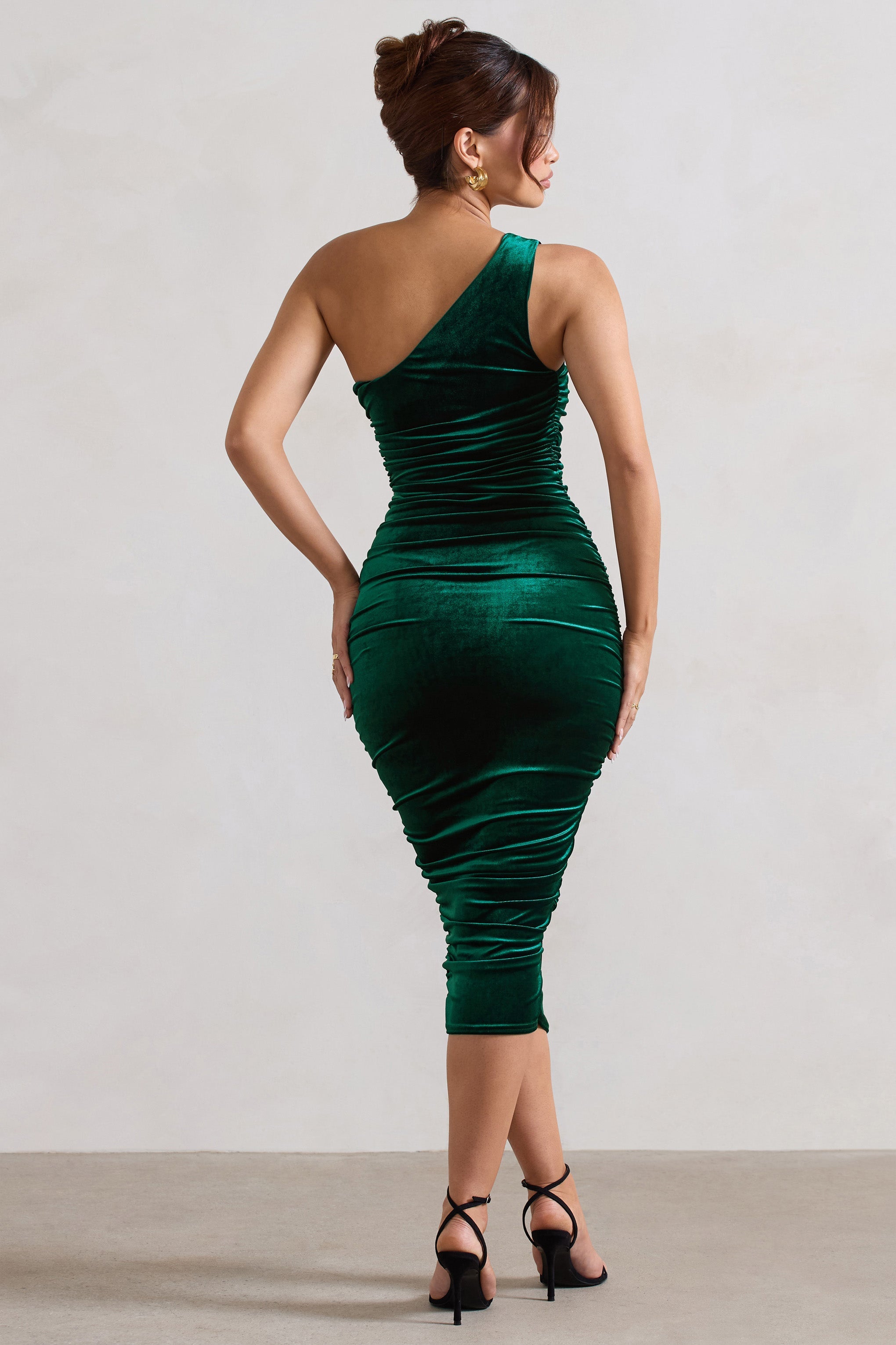 Back For More Bottle Green Velvet One Shoulder Ruched Midi Dress