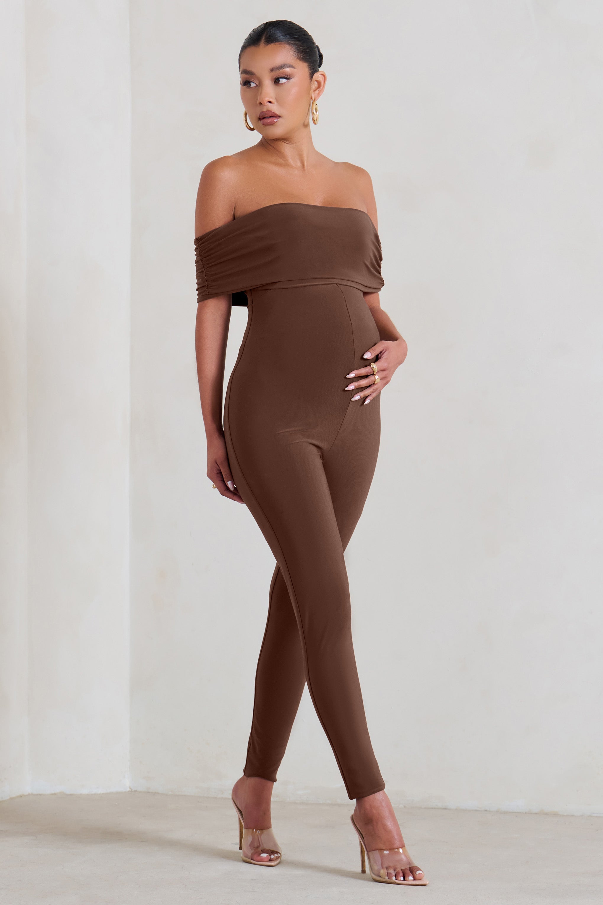 Carefully Crafted Chocolate Maternity Bardot Fitted Jumpsuit-Babyboo Dress Store. All Rights Reserved.