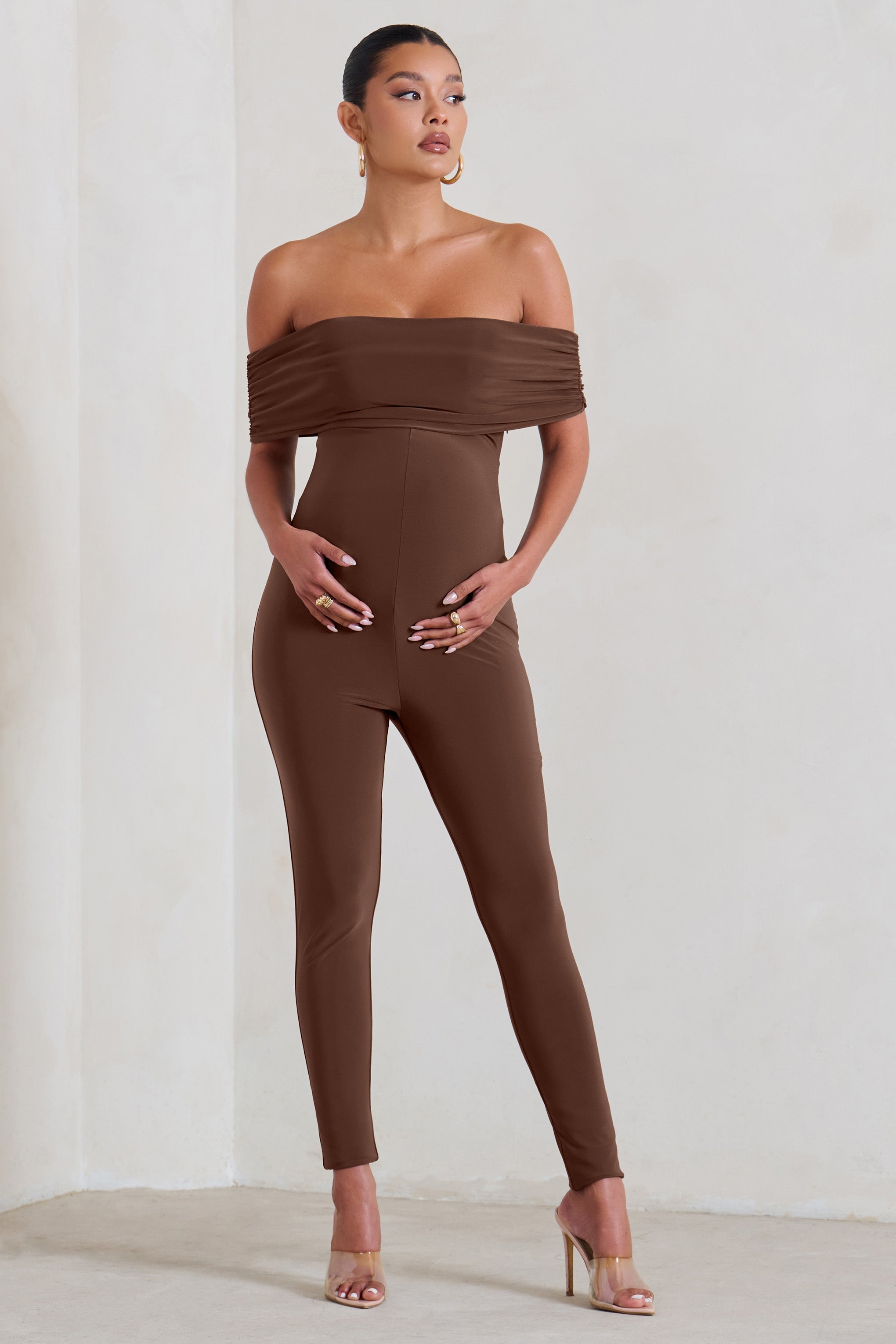 Carefully Crafted Chocolate Maternity Bardot Fitted Jumpsuit-Babyboo Dress Store. All Rights Reserved.