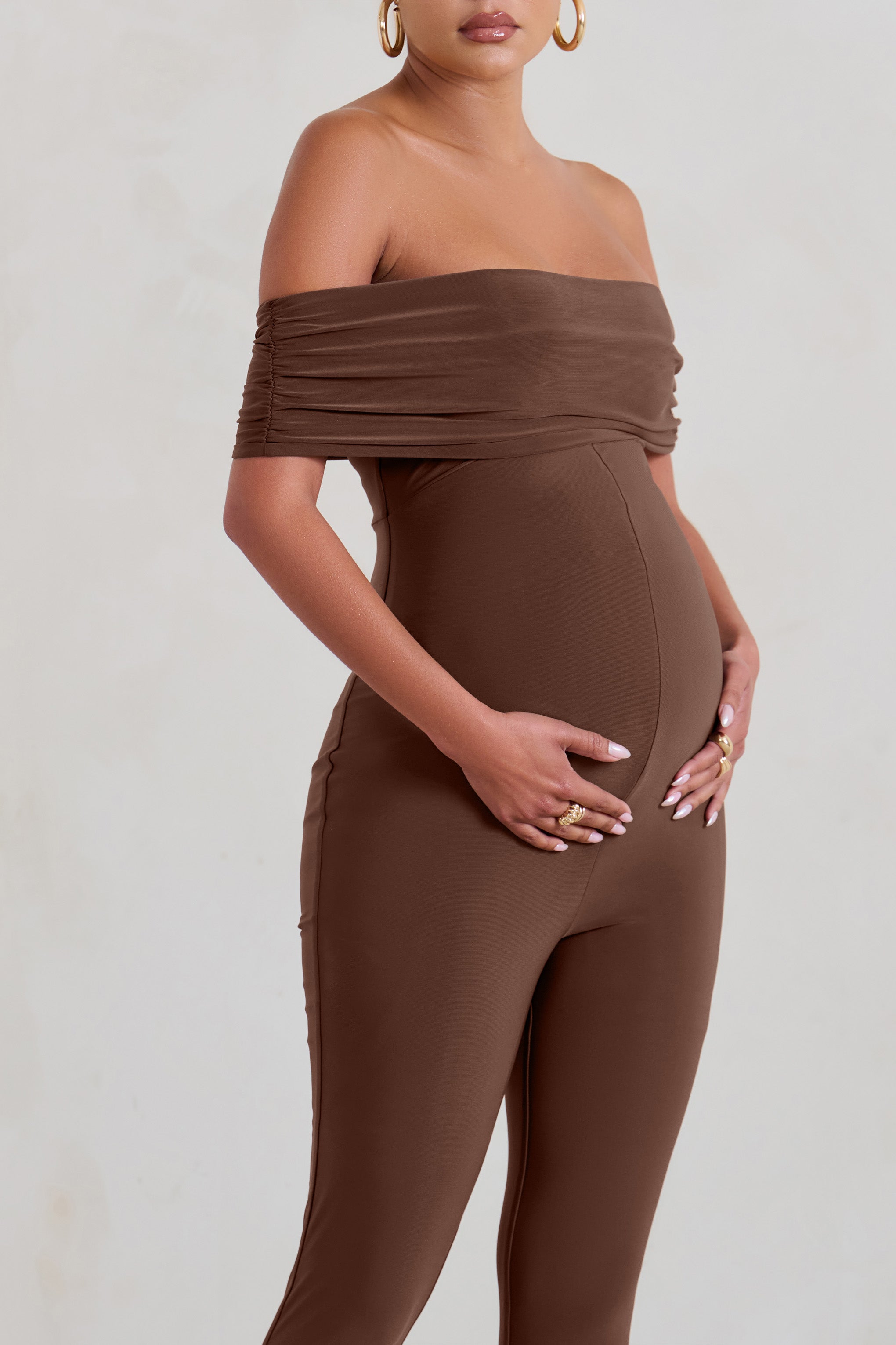 Carefully Crafted Chocolate Maternity Bardot Fitted Jumpsuit-Babyboo Dress Store. All Rights Reserved.