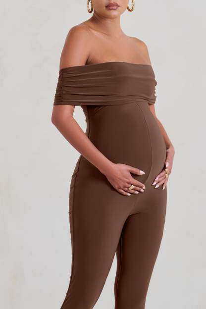 Carefully Crafted Chocolate Maternity Bardot Fitted Jumpsuit-Babyboo Dress Store. All Rights Reserved.