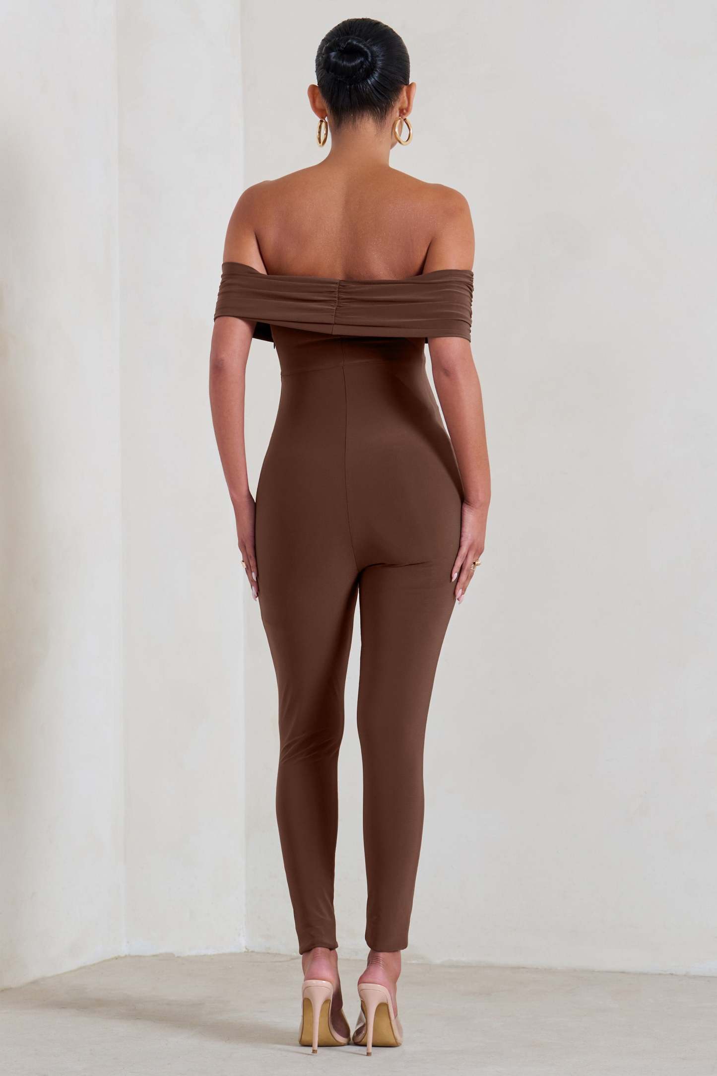 Carefully Crafted Chocolate Maternity Bardot Fitted Jumpsuit-Babyboo Dress Store. All Rights Reserved.