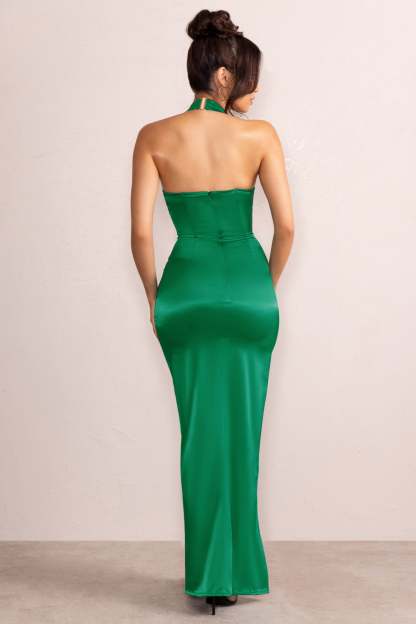 Niomie Bottle Green Satin Halter Neck Knot Maxi Dress-Babyboo Dress Store. All Rights Reserved.