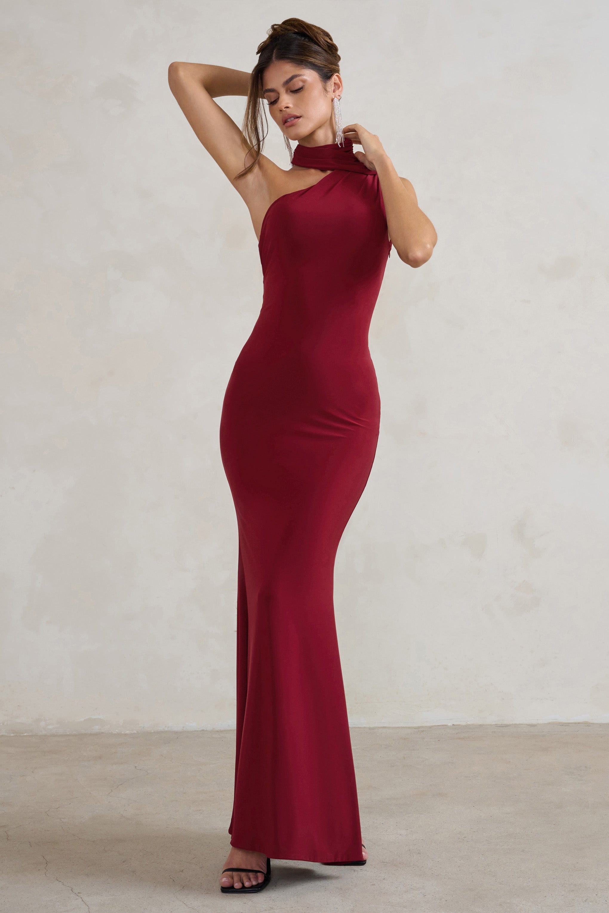 Capucine Berry Red One Shoulder Draped Maxi Dress-Babyboo Dress Store. All Rights Reserved.