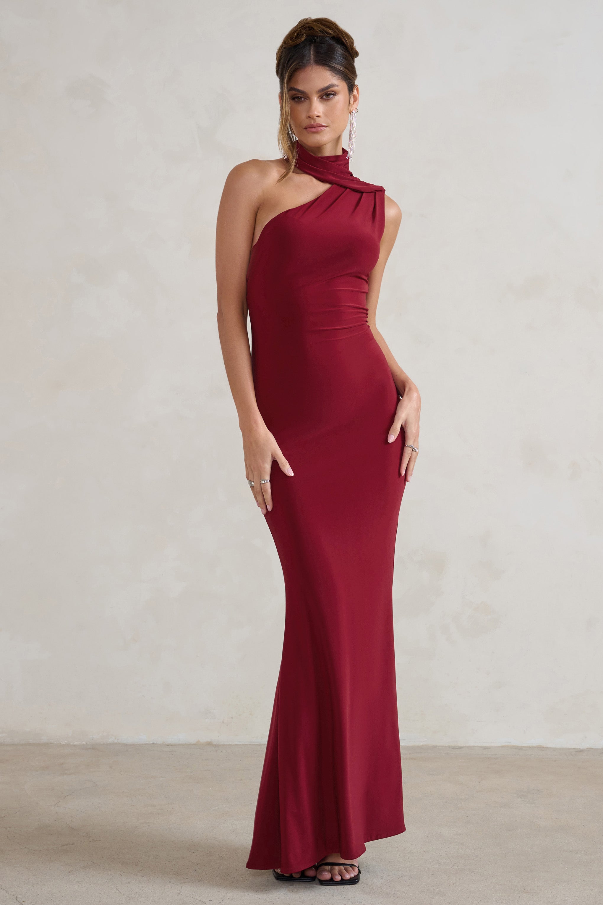 Capucine Berry Red One Shoulder Draped Maxi Dress-Babyboo Dress Store. All Rights Reserved.