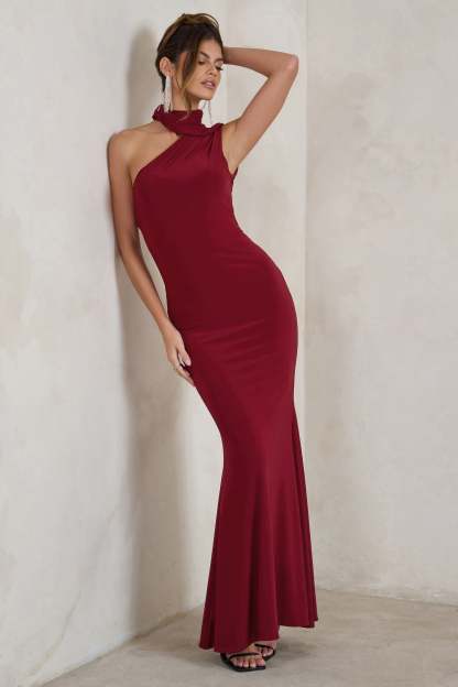 Capucine Berry Red One Shoulder Draped Maxi Dress-Babyboo Dress Store. All Rights Reserved.