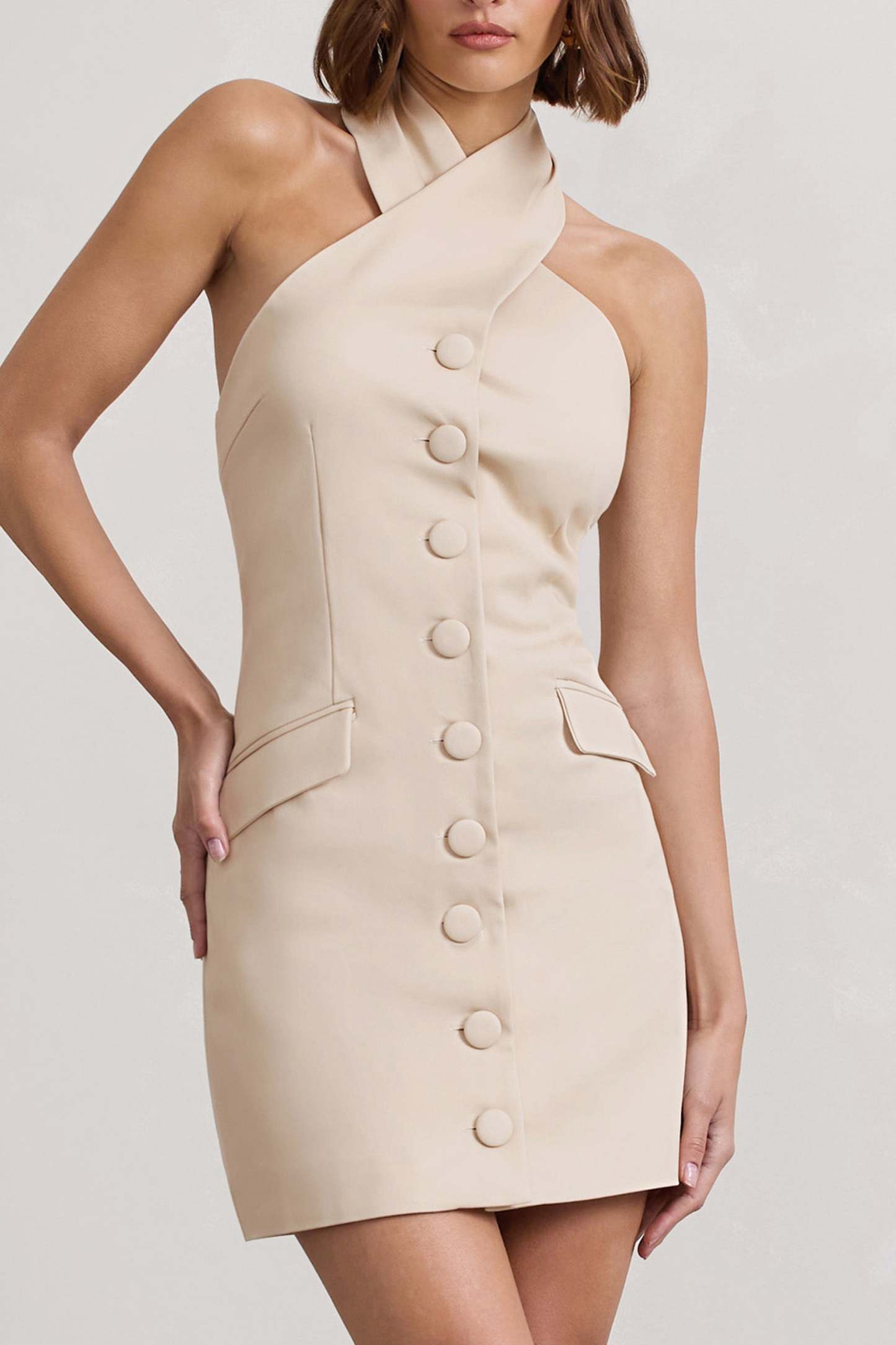 Dani Stone Halter Neck Tailored Buttoned Bodycon Mini Dress-Babyboo Dress Store. All Rights Reserved.