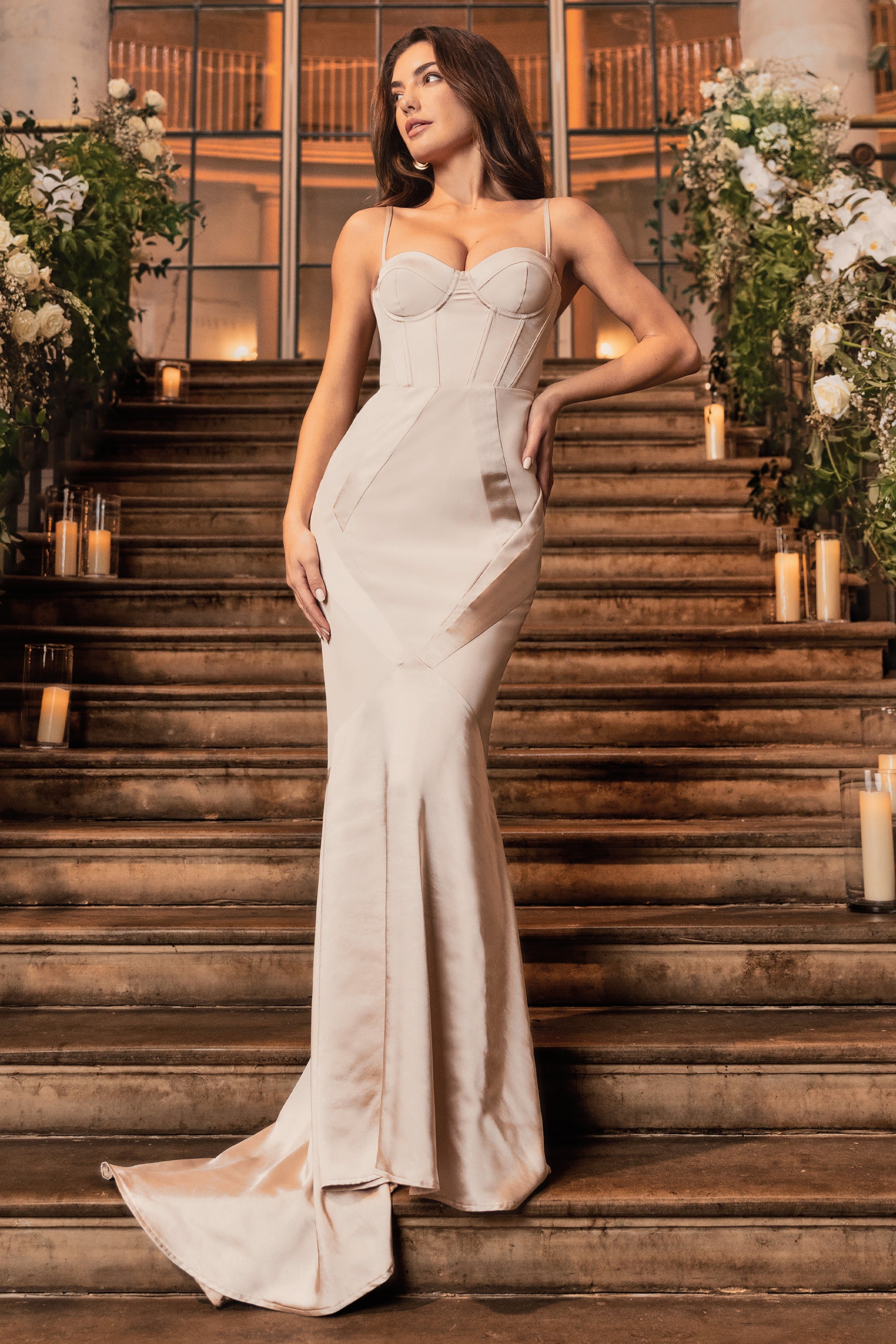 Custom Champagne Satin Sweetheart Corset Fishtail Maxi Dress-Babyboo Dress Store. All Rights Reserved.