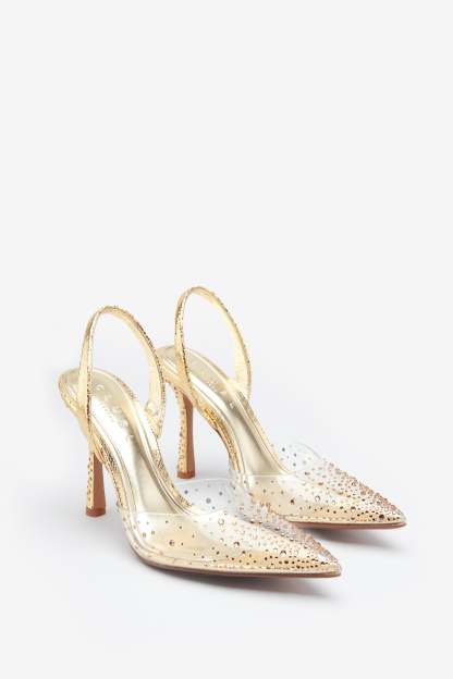 Covergirl Gold Diamante Sling Back Pointed Heels-Babyboo Dress Store. All Rights Reserved.