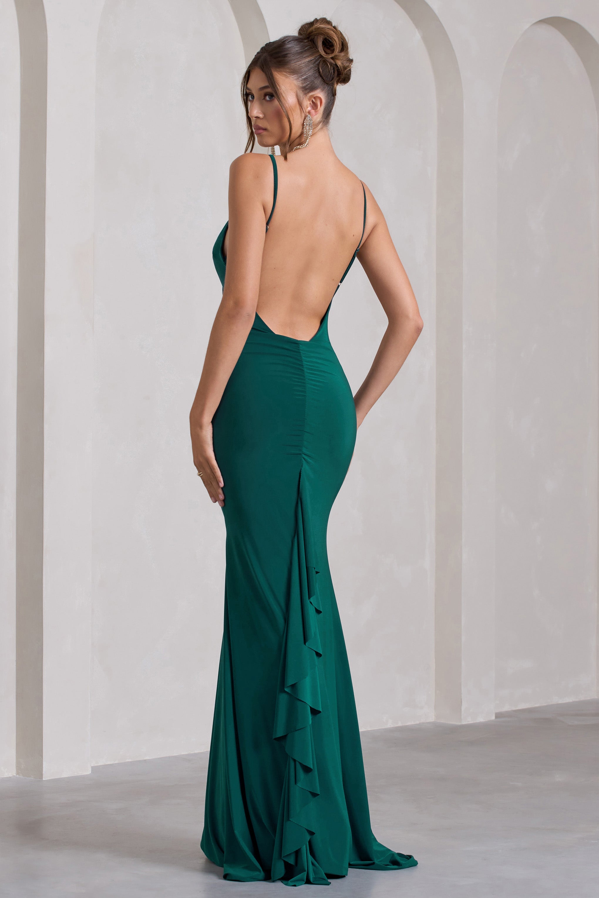 Naya Bottle Green Strappy V-Neck Fishtail Maxi Dress-Babyboo Dress Store. All Rights Reserved.