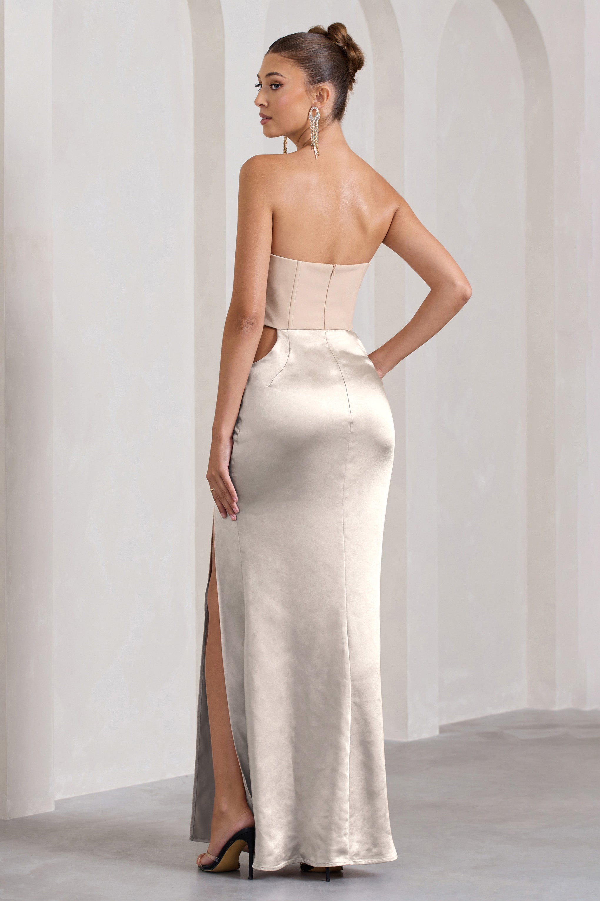 Champagne Showers Nude Satin Strapless Split Maxi Dress-Babyboo Dress Store. All Rights Reserved.