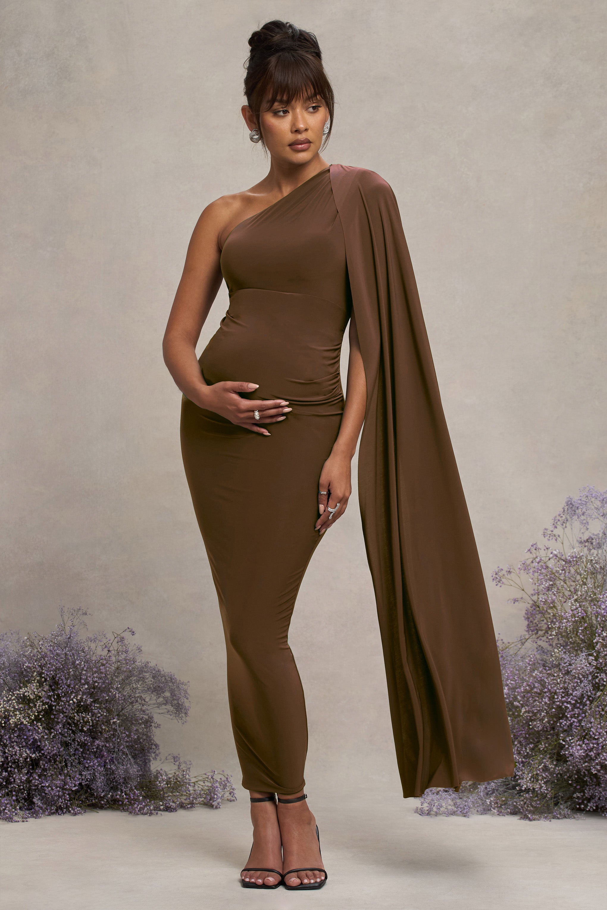 Chocolate Maternity One Shoulder Maxi Dress with Cape Sleeve