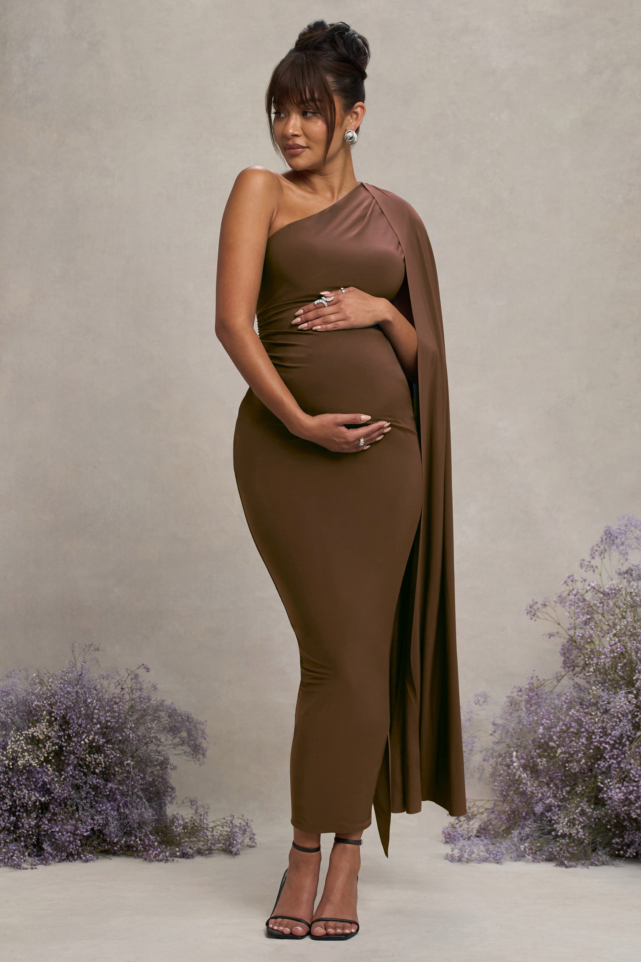 Chocolate Maternity One Shoulder Maxi Dress with Cape Sleeve